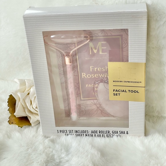 New with tags FACIAL TOOL SET 3PC JADE ROLLER, GUA SHA, & ROSEWATER FACIAL MASK - Picture 2 of 7